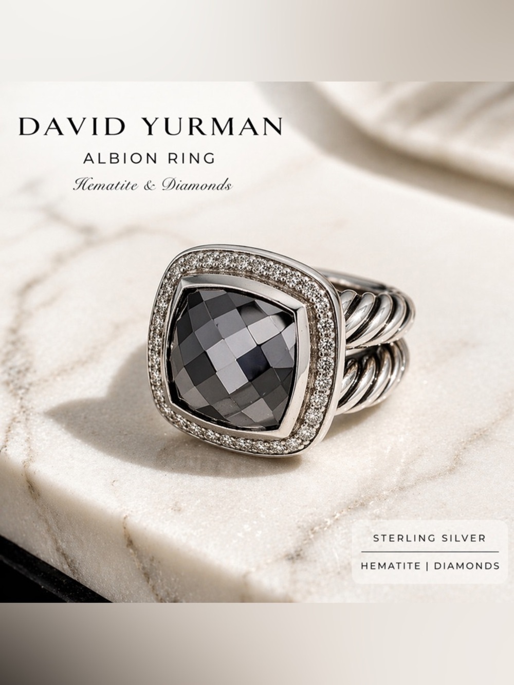 David Yurman Albion Hematite Sterling Silver and Diamond Ring